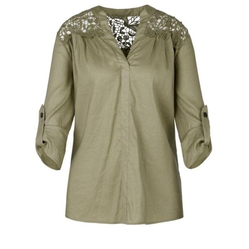 Marc Cain Women’s Olive Army Green Lace Detail Blouse Top Sz 6 linen roll tab